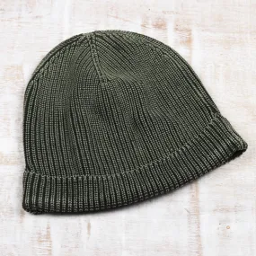 100% Cotton Knitted Hat in Dark Artichoke and Stone Washed - Classy Olive