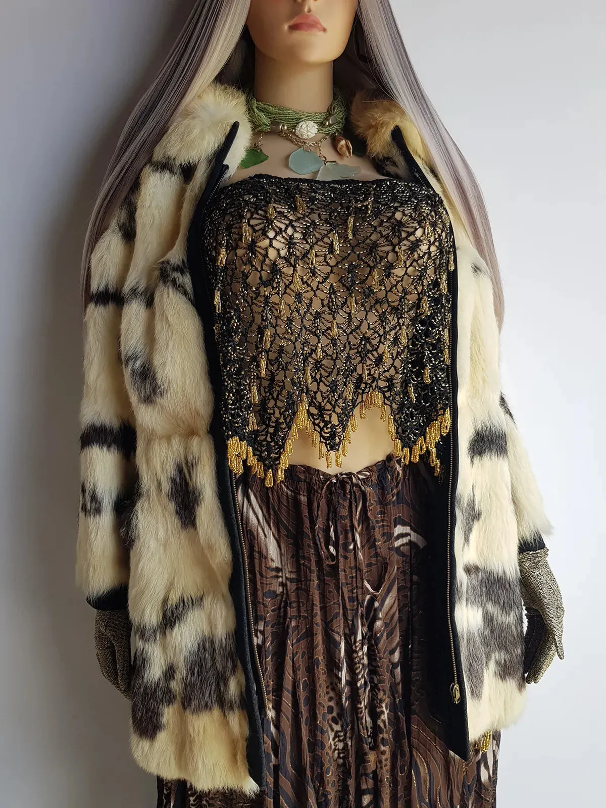 1960s Italian Vintage Rabbit Coat - Suede Features- Super Plush & Soft - Caramel Cream & Dusky Grey Colours