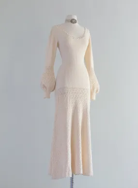 1970's Ivory Knit Wedding Dress With Crochet Trim and Bishop Sleeves / ML