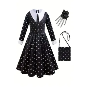 3 Pcs Kids Girls Costume Suit TV Series Princess Dress Long Sleeve Skirt Halloween Cosplay Outfit Clothes With Wig And Necklace