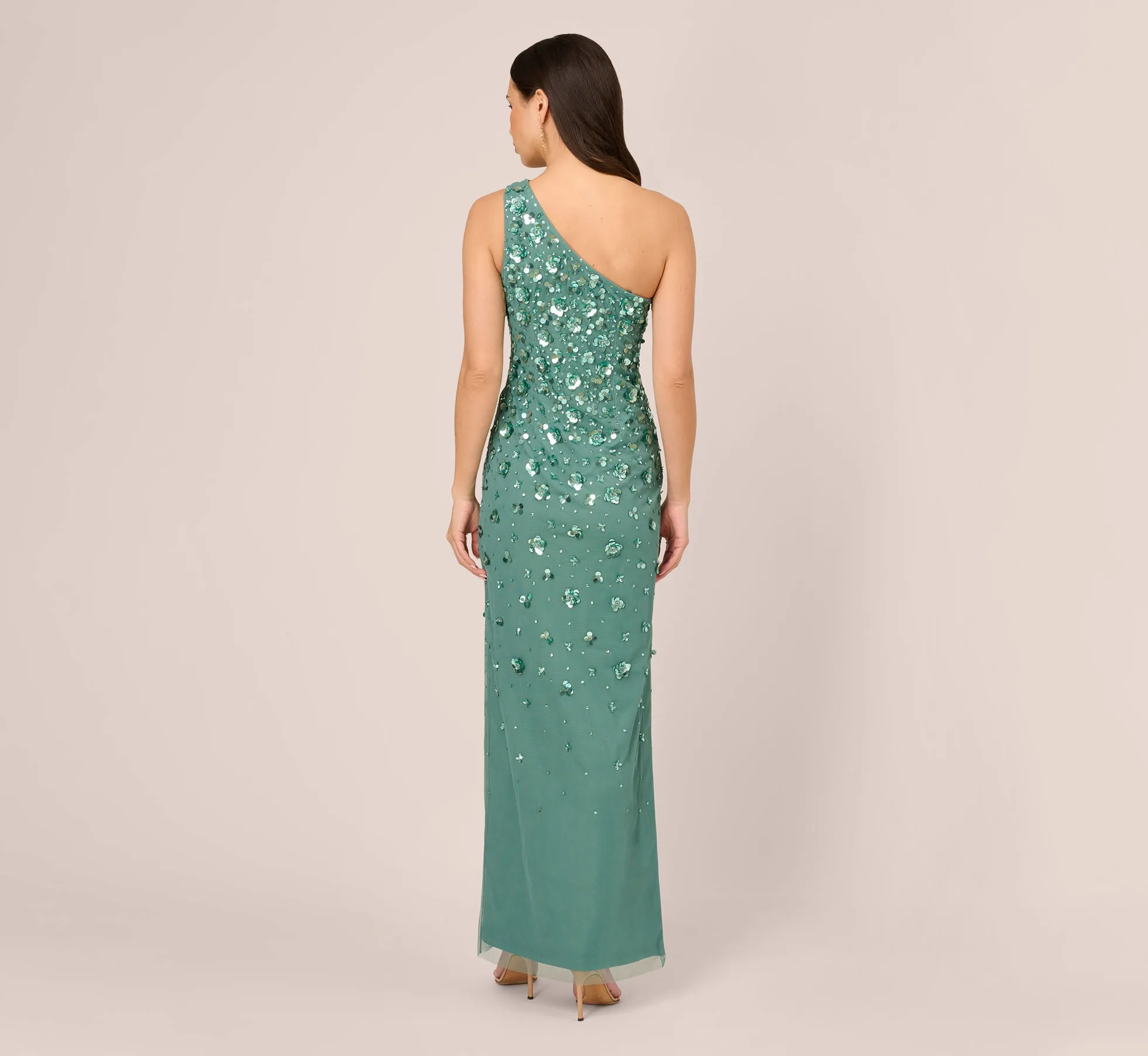 3D Floral Hand-Beaded One-Shoulder Long Column Gown In Green Slate