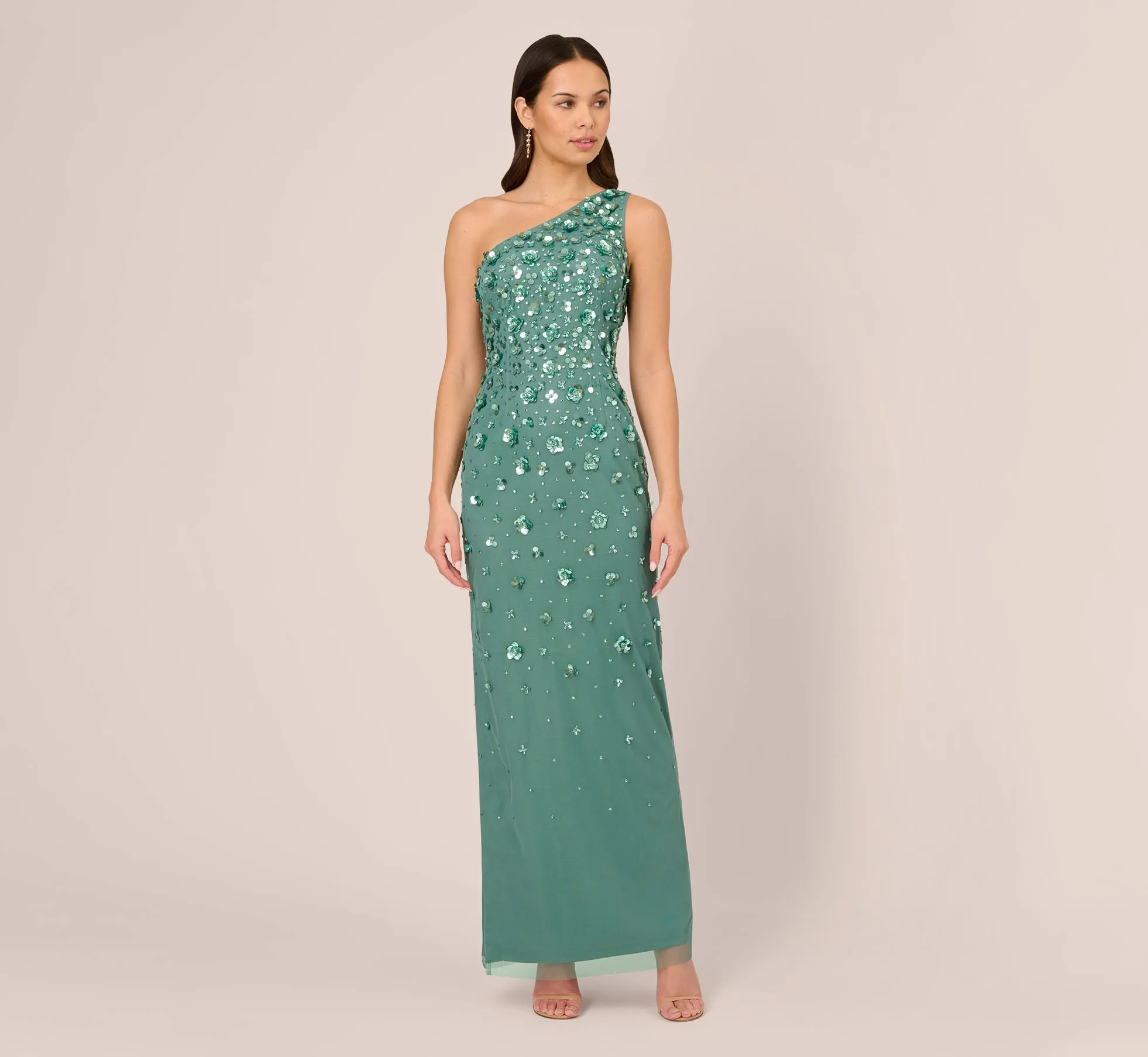 3D Floral Hand-Beaded One-Shoulder Long Column Gown In Green Slate