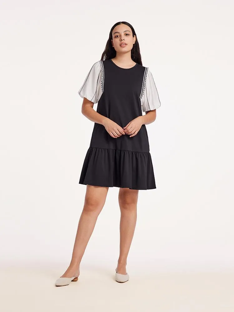 A-Shape Patchwork Puff Sleeve Mini Dress