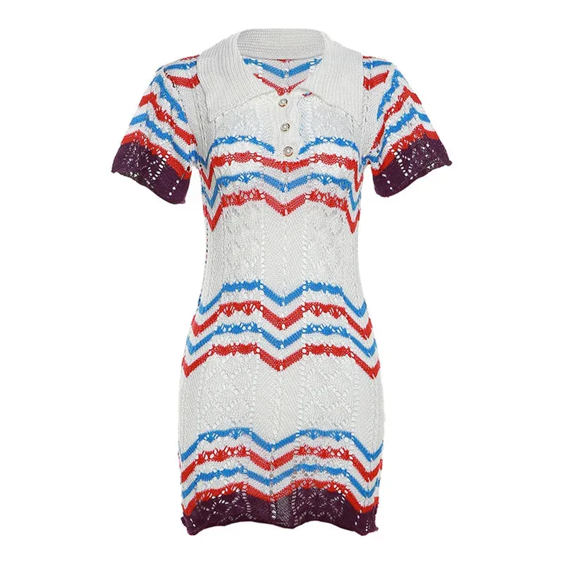 A&A Short Sleeve Knitted Polo White Striped Mini Dress