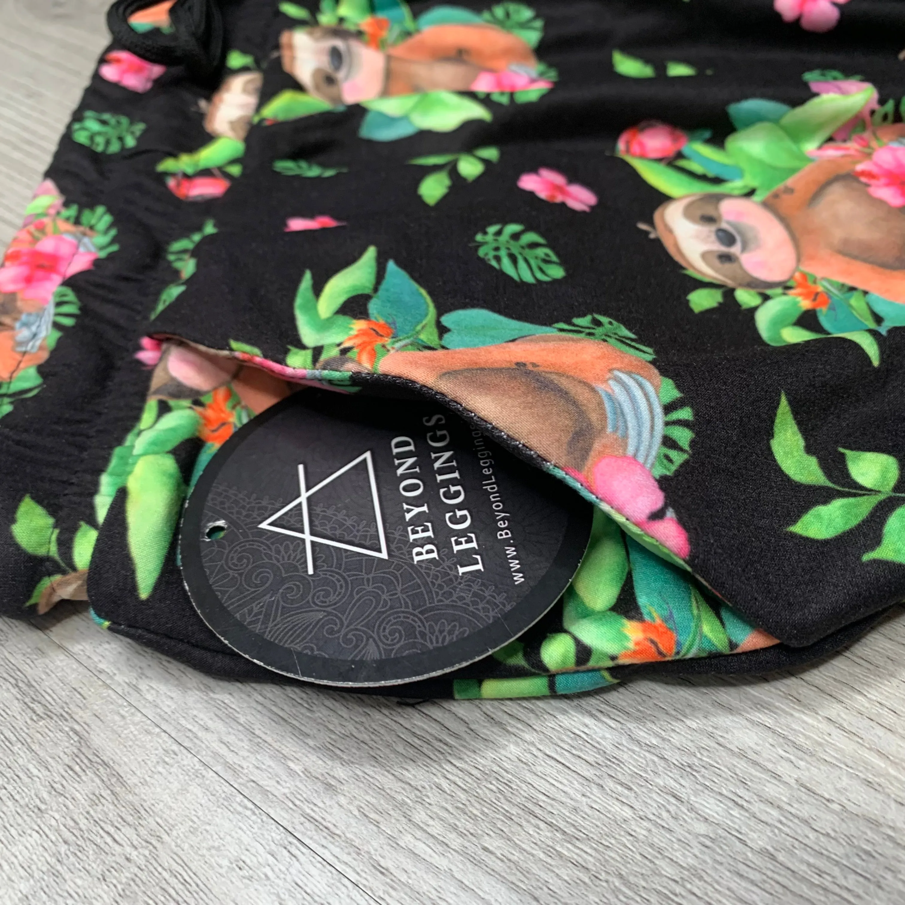 Adorable Sloth w/ Pink Hibiscus Flower Print Capri Black Joggers W/ Pockets