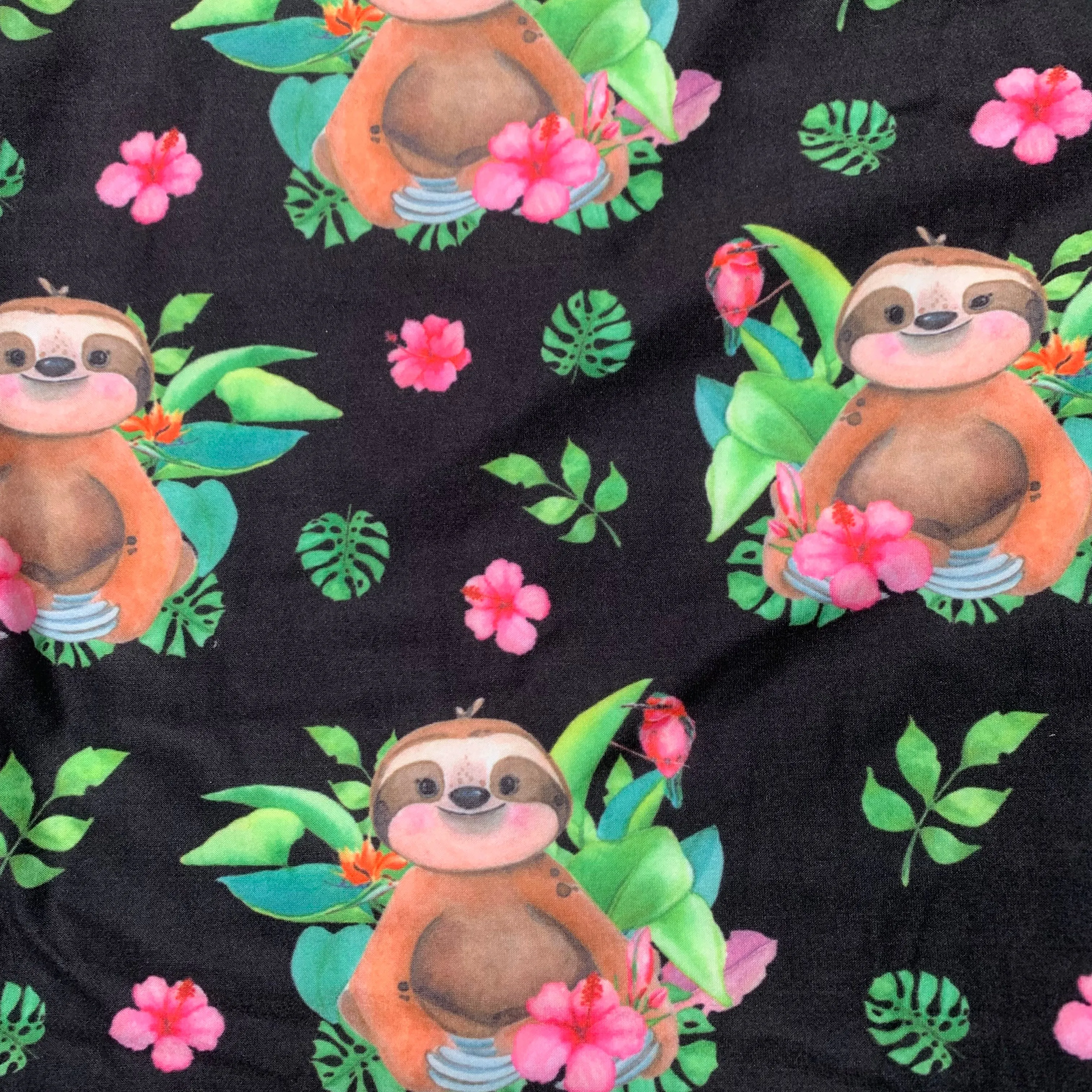 Adorable Sloth w/ Pink Hibiscus Flower Print Capri Black Joggers W/ Pockets