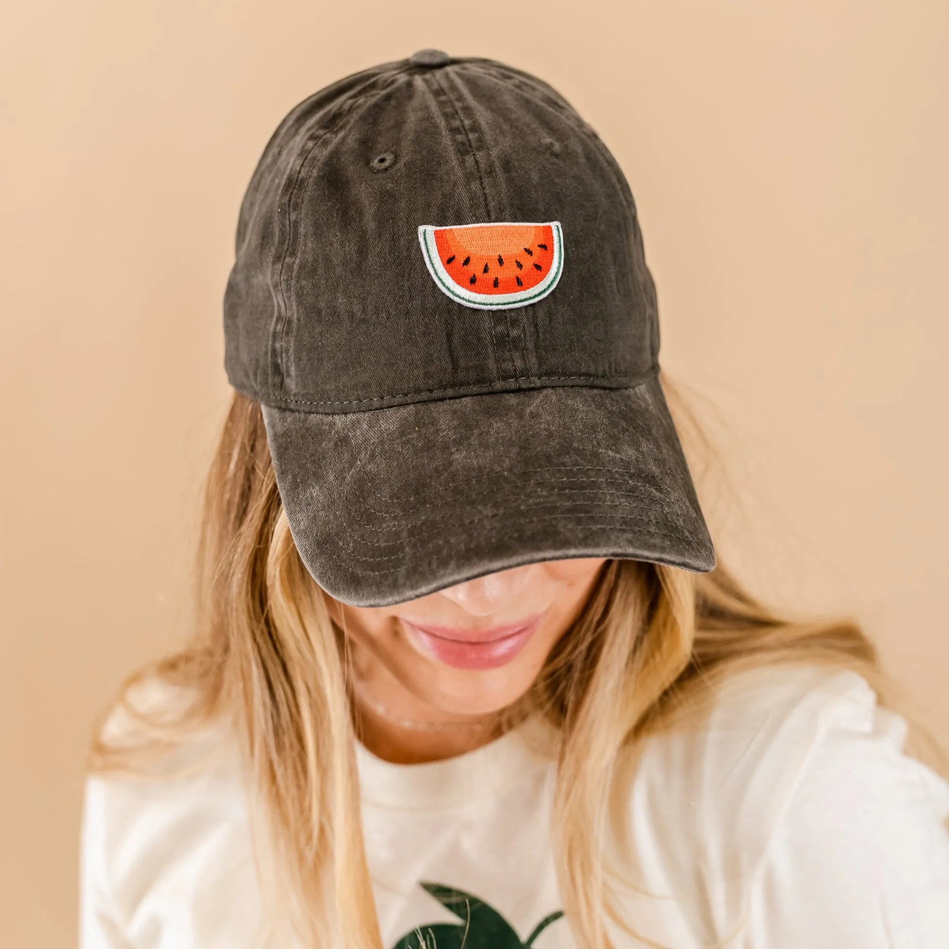 Adult Size - Heather Black Baseball Cap w/ Watermelon Patch