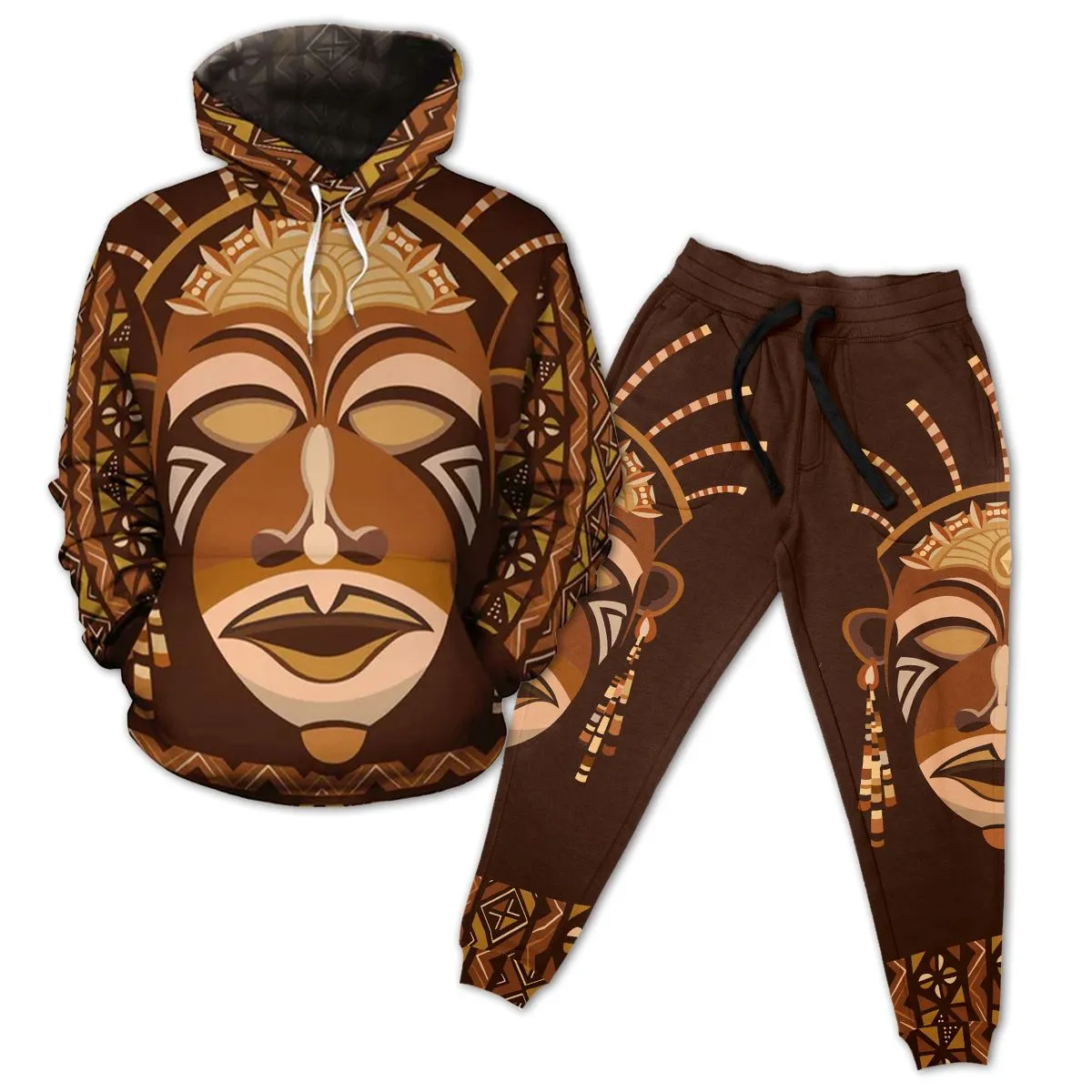 African Mask Printed Mudcloth Hoodie and Joggers Set