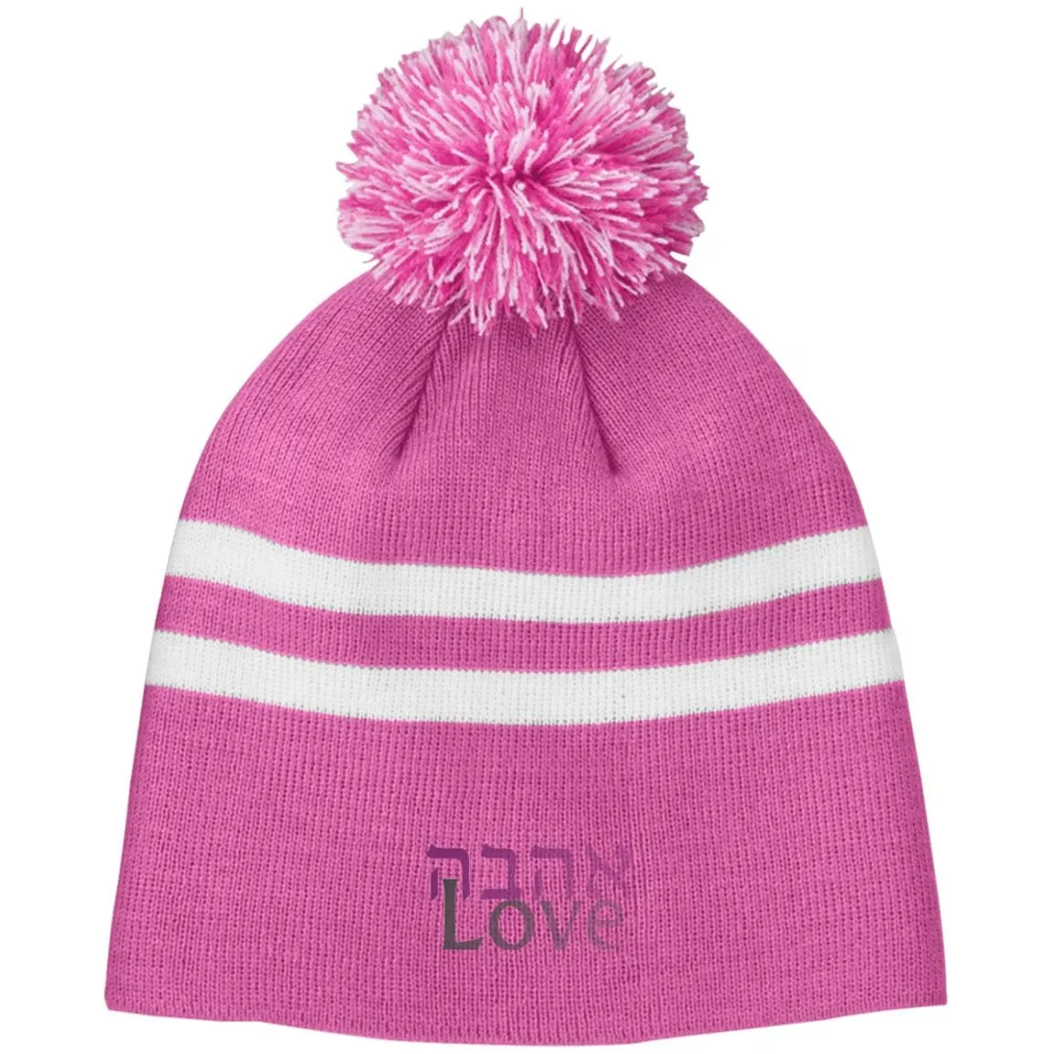 Ahavah Love Embroidered אהבה Striped Beanie Hat with Pom