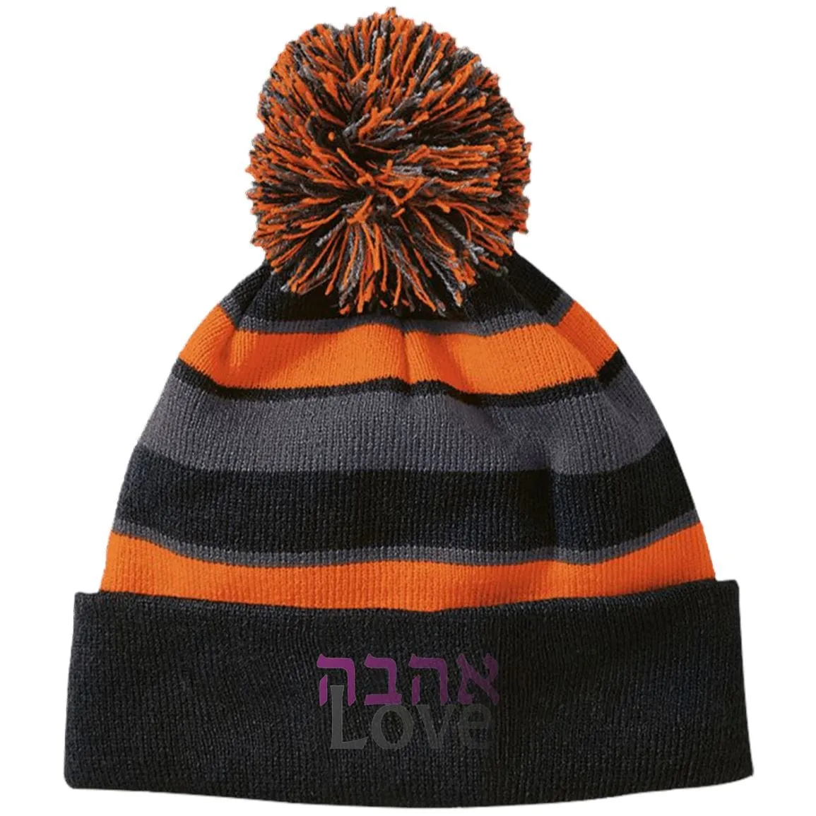 Ahavah Love Embroidered אהבה Striped Beanie Hat with Pom