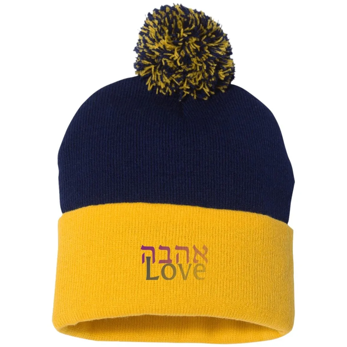 Ahavah Love Embroidered אהבה Striped Beanie Hat with Pom