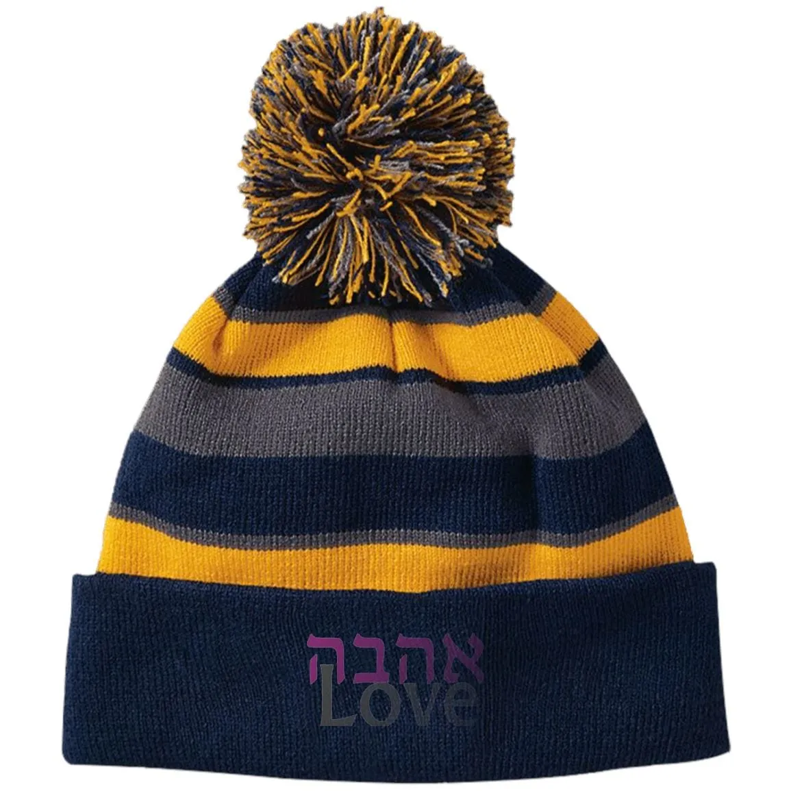 Ahavah Love Embroidered אהבה Striped Beanie Hat with Pom