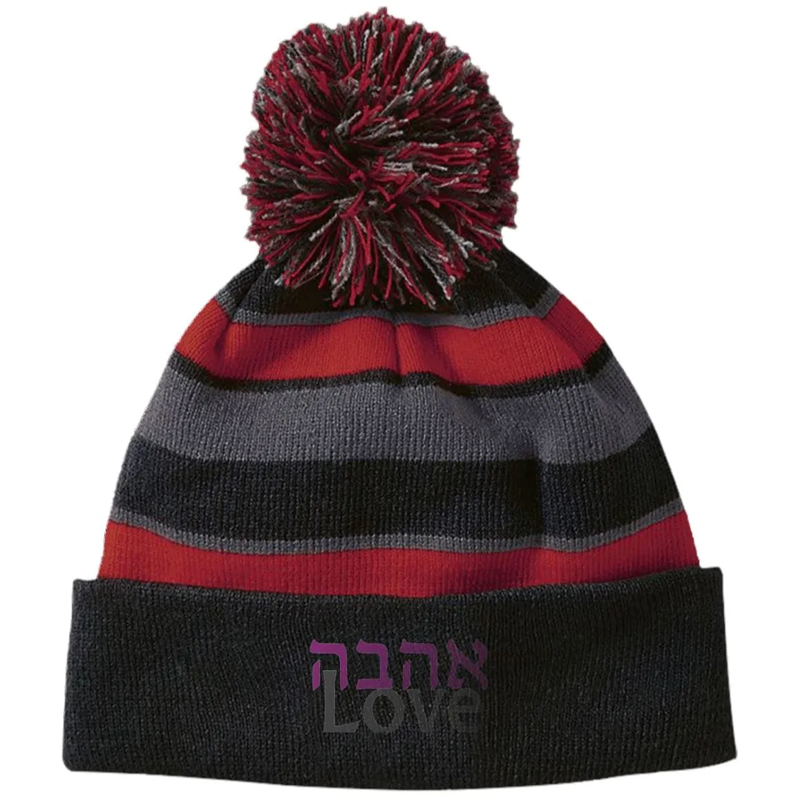 Ahavah Love Embroidered אהבה Striped Beanie Hat with Pom