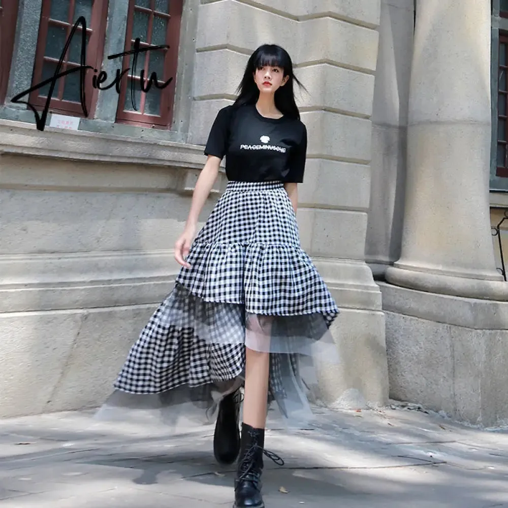 Aiertu  Black and white plaid tulle skirt women irregular layered skirts summer fashion Korean women's clothing