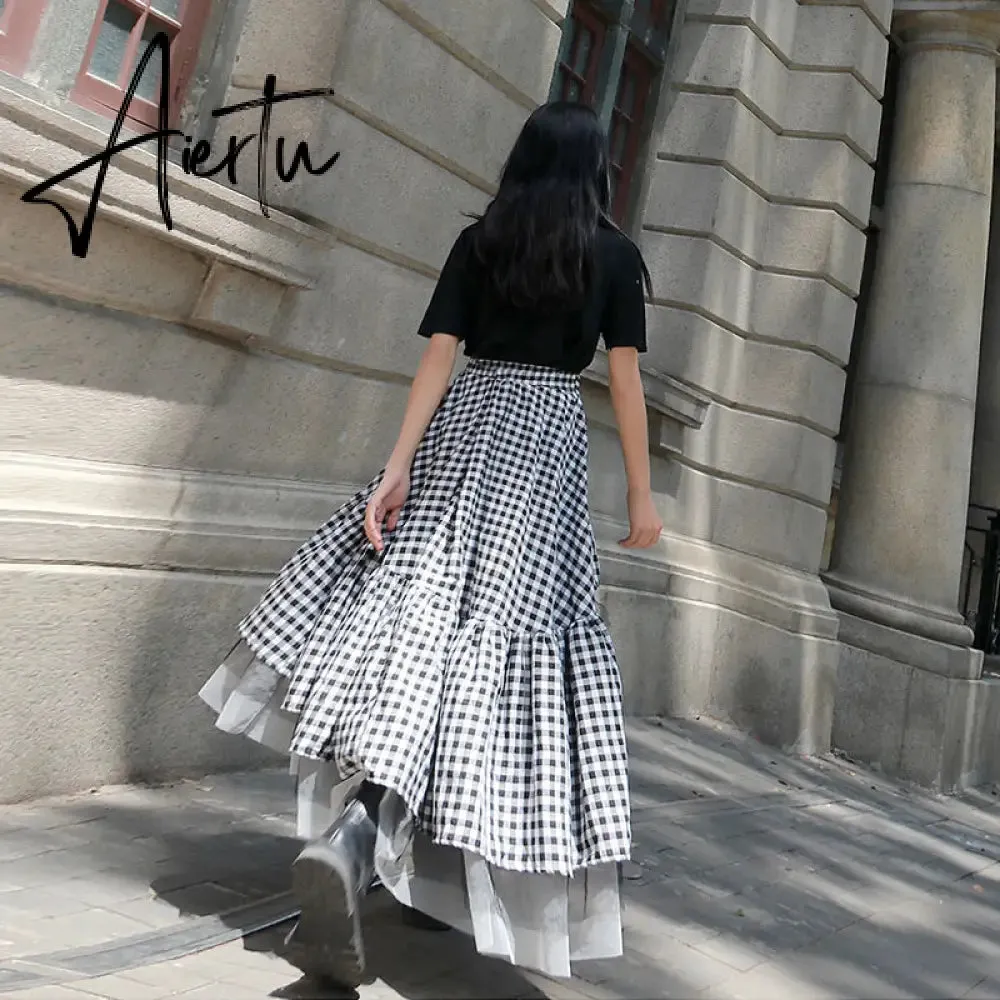 Aiertu  Black and white plaid tulle skirt women irregular layered skirts summer fashion Korean women's clothing