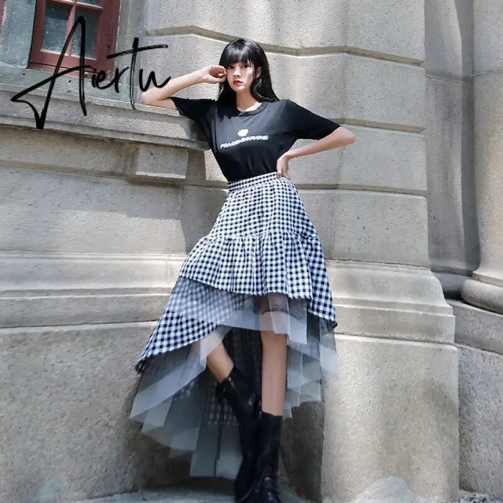 Aiertu  Black and white plaid tulle skirt women irregular layered skirts summer fashion Korean women's clothing