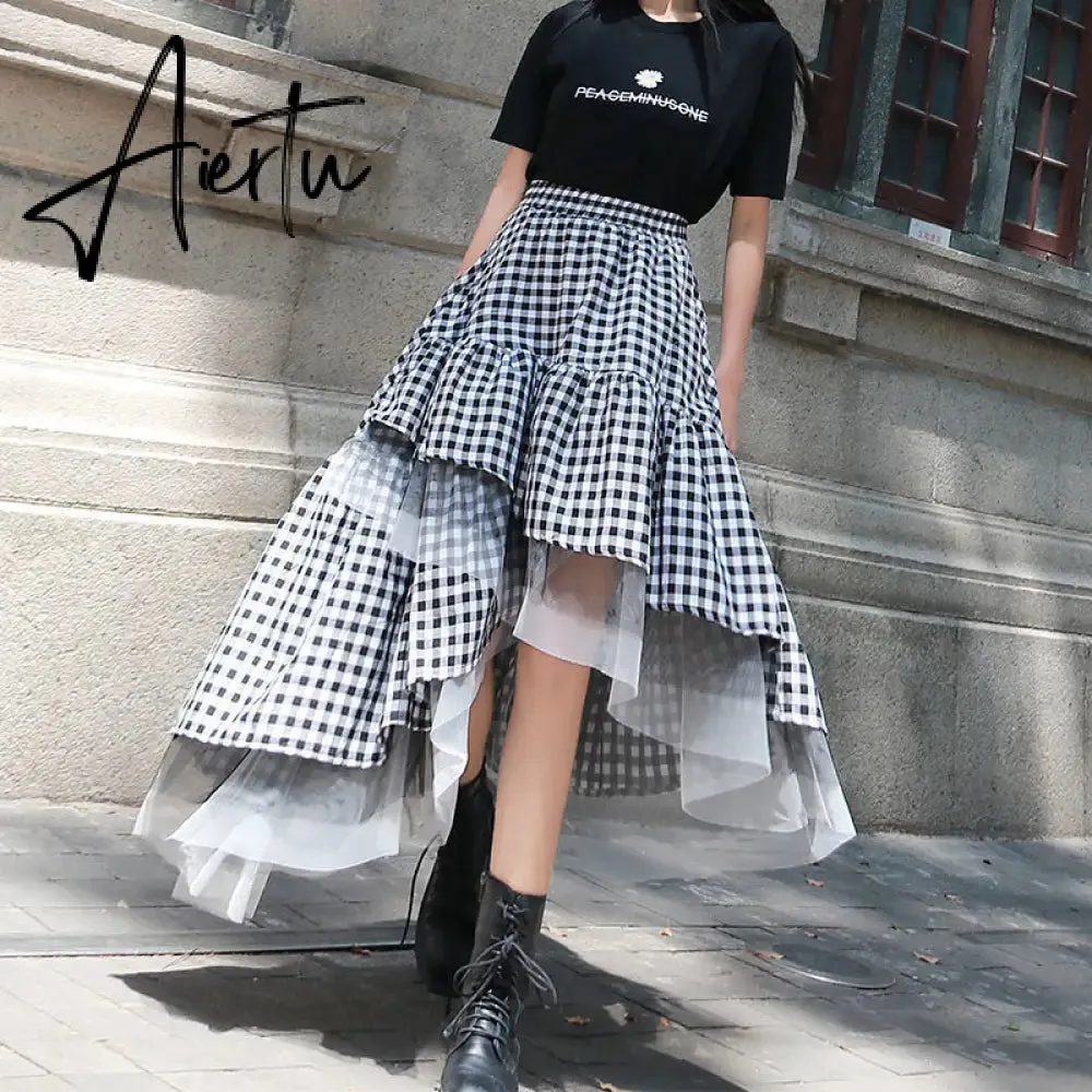 Aiertu  Black and white plaid tulle skirt women irregular layered skirts summer fashion Korean women's clothing