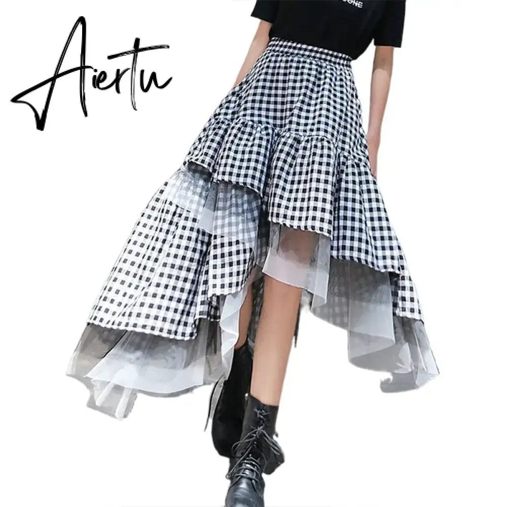 Aiertu  Black and white plaid tulle skirt women irregular layered skirts summer fashion Korean women's clothing