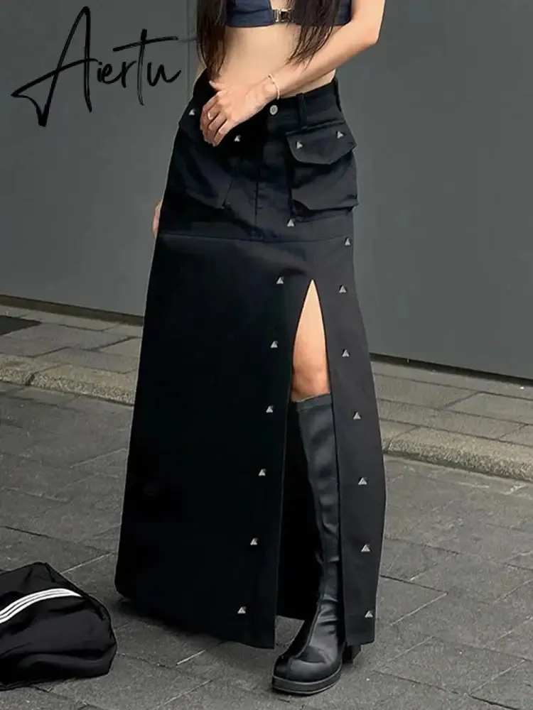 Aiertu  Gothic Pockets Rivet Split Skirt Dark Solid Mid-Waisted A-Line Maxi Skirts Women  Autumn Winter Fashion Streetwear