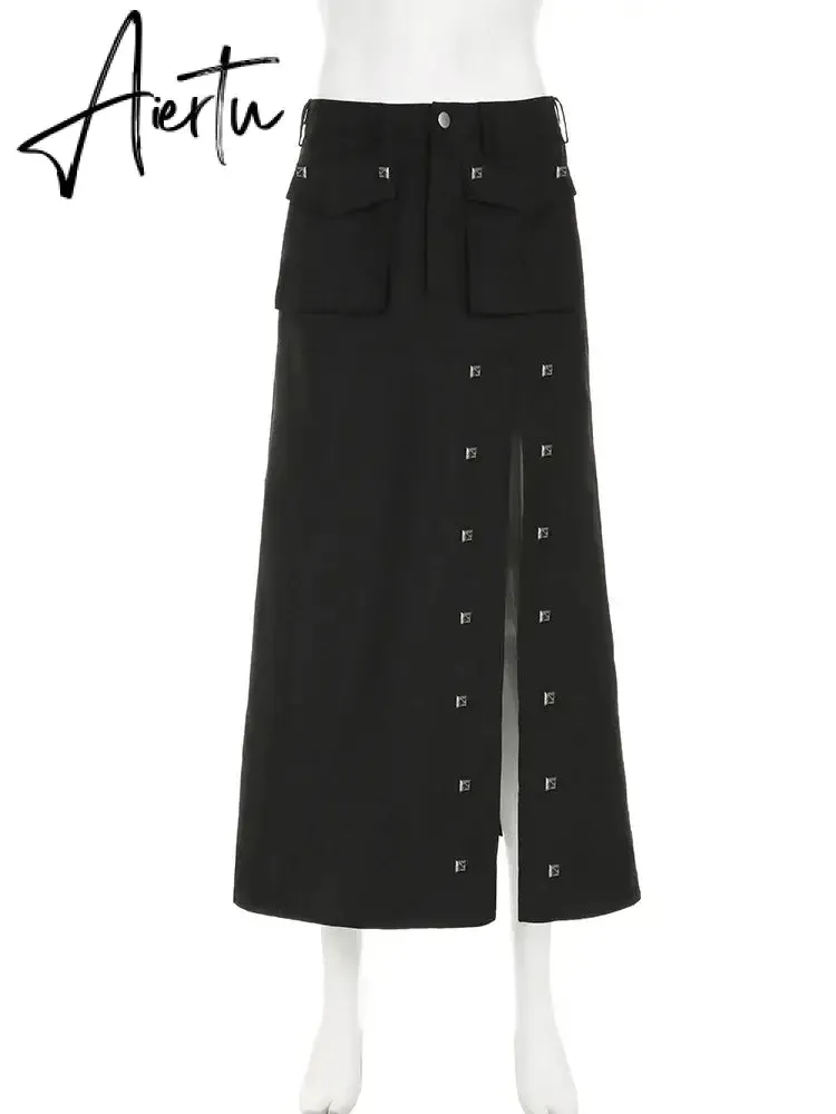 Aiertu  Gothic Pockets Rivet Split Skirt Dark Solid Mid-Waisted A-Line Maxi Skirts Women  Autumn Winter Fashion Streetwear