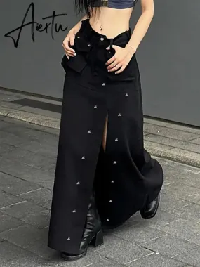 Aiertu  Gothic Pockets Rivet Split Skirt Dark Solid Mid-Waisted A-Line Maxi Skirts Women  Autumn Winter Fashion Streetwear