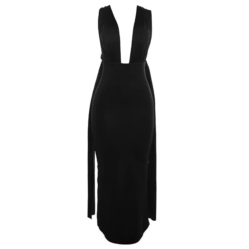 Amozae Backless Ruched Maxi Dress For Women Gown Summer Deep V Neck Sleeveless Bodycon Back Split Long Party Dress Vestidos