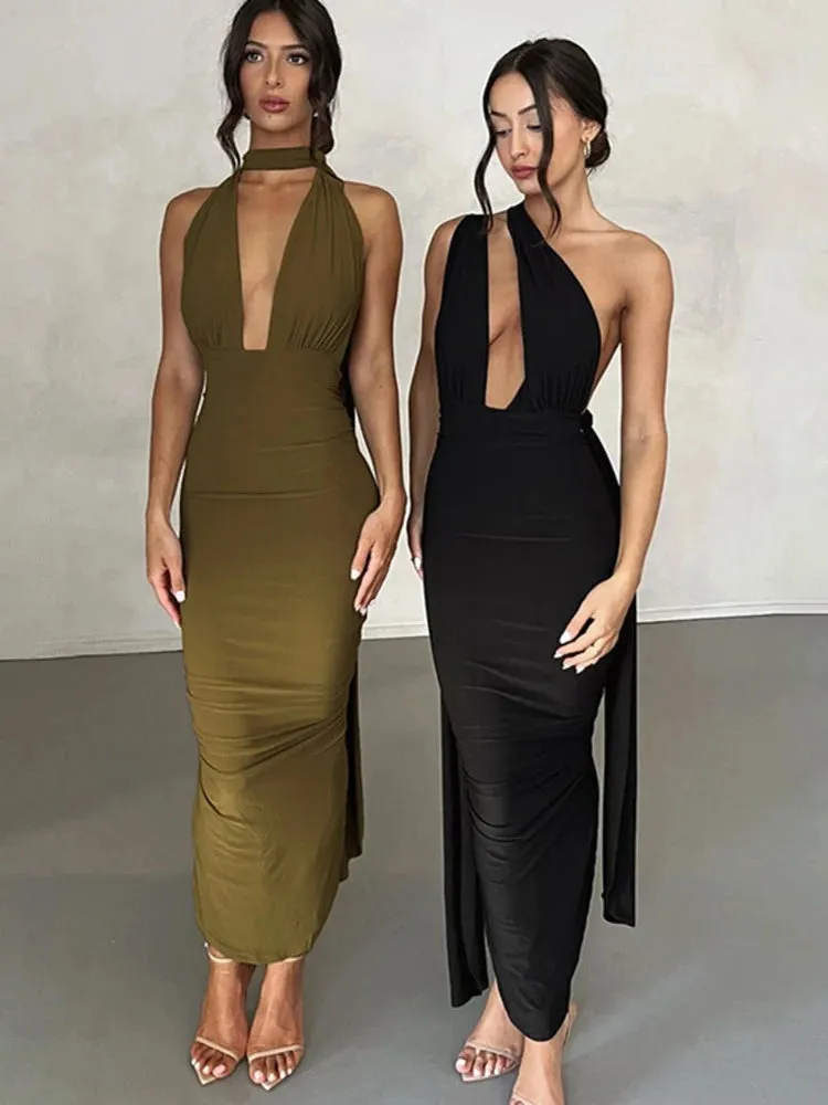 Amozae Backless Ruched Maxi Dress For Women Gown Summer Deep V Neck Sleeveless Bodycon Back Split Long Party Dress Vestidos