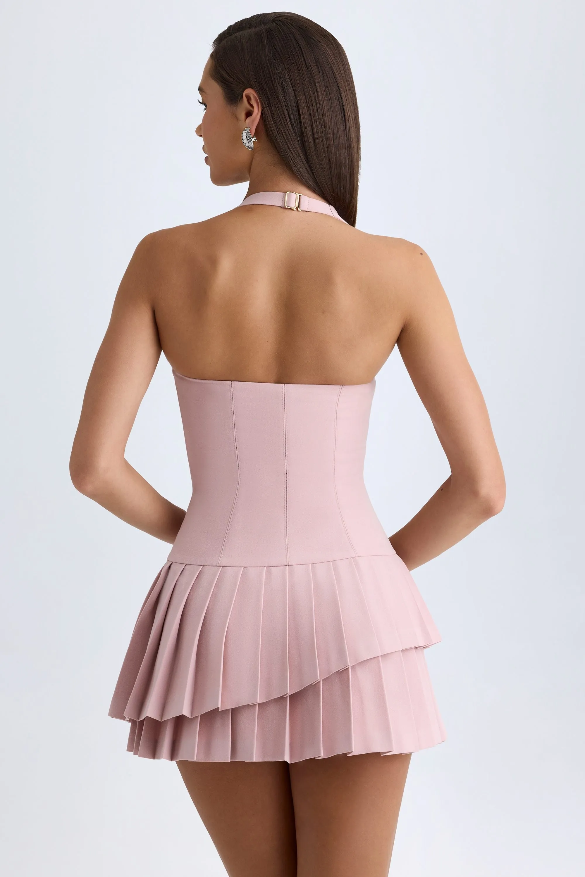 Asymmetric Layered Halterneck Mini Dress in Pink Mauve