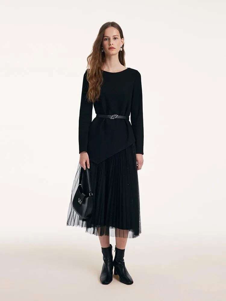 Asymmetrical Hem Top And Tulle Women Skirt With Belt Two-Piece Set