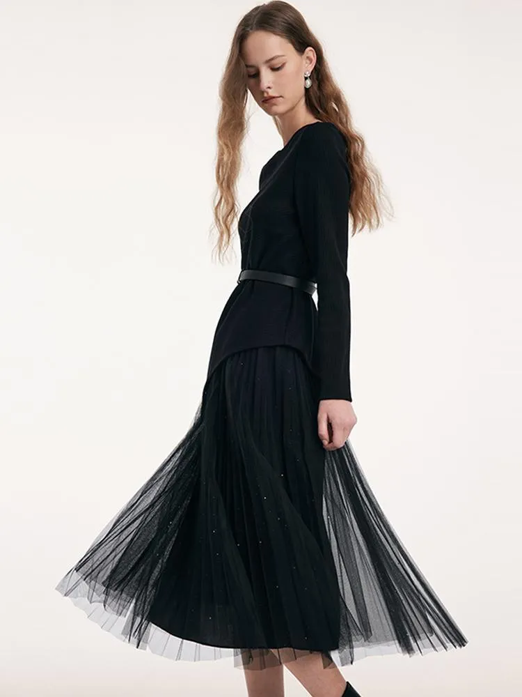 Asymmetrical Hem Top And Tulle Women Skirt With Belt Two-Piece Set