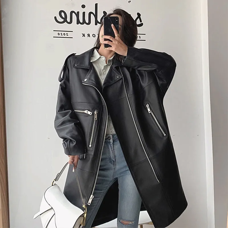 Autumn Oversized Black Long Womens Leather Biker Jacket Long Sleeve Spring Loose Faux Leather Coat Streetwear