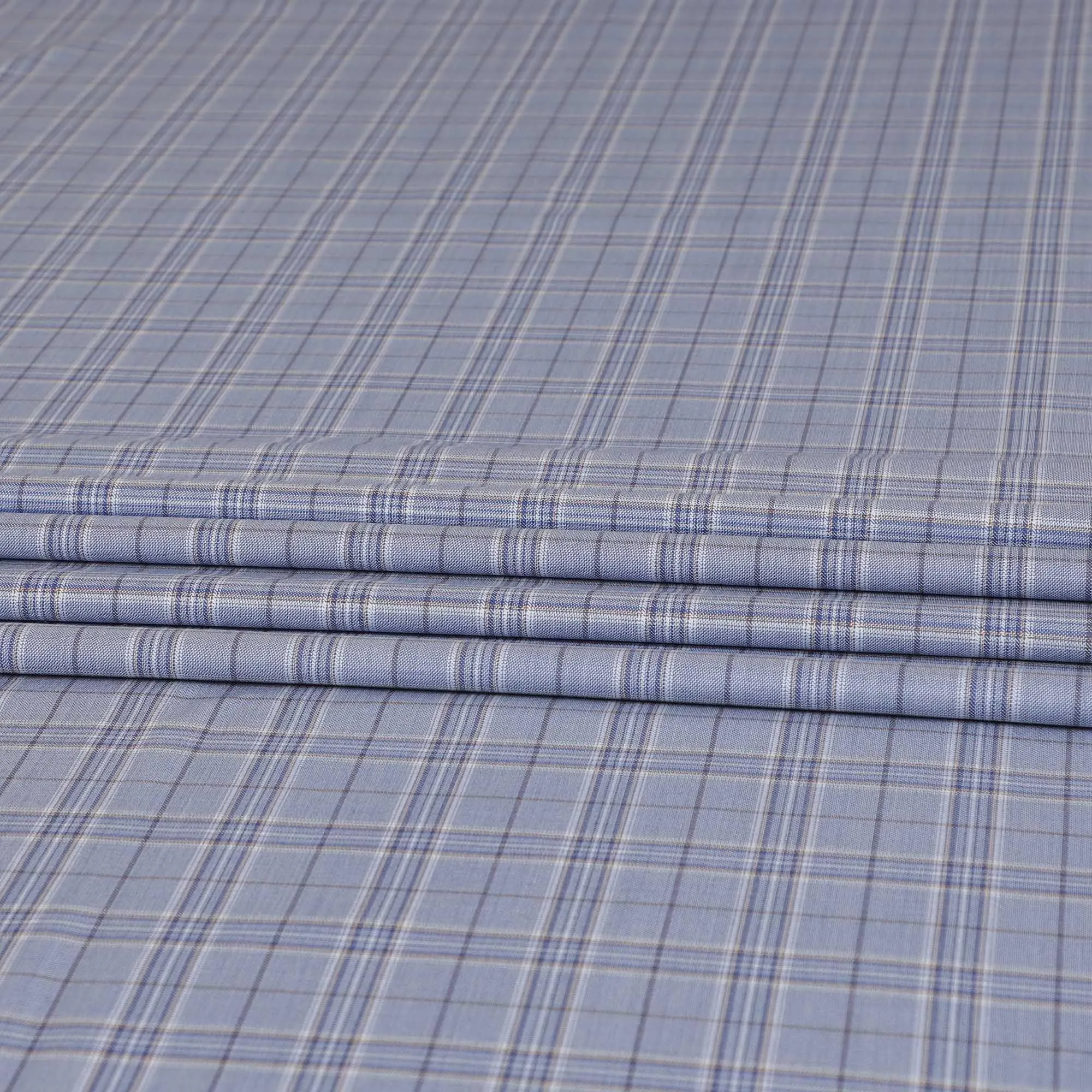 Baby blue Premium Italian super 130's all wool suiting fabric with pale brown, beige and blue checks design-D9451