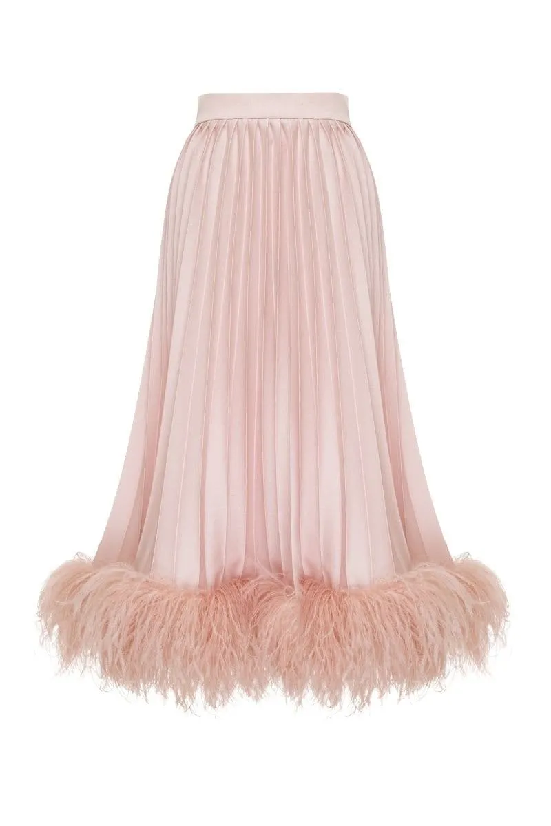 BABY PINK COTTON FEATHER-TRIMMED MAXI SKIRT