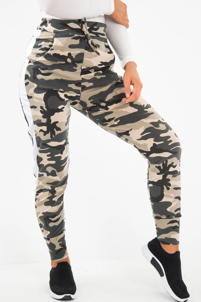 Beige Camouflage Print Side Stripe Joggers - Shannen