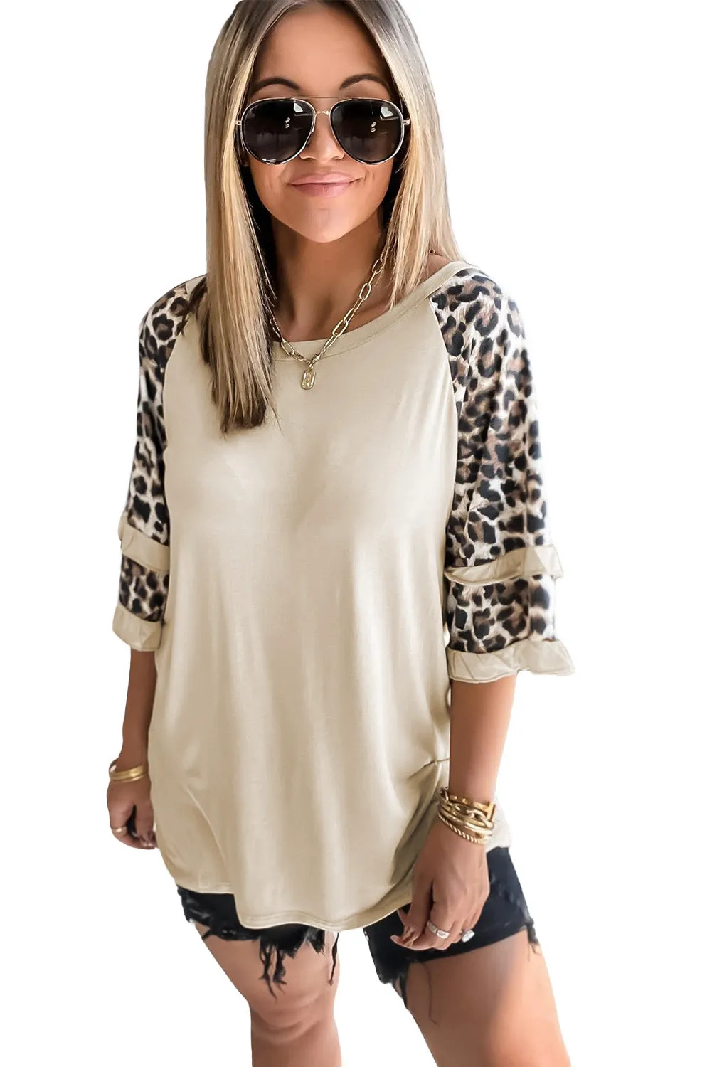 Beige Cheetah Print Tiered Half Sleeve Jewel Neckline T-Shirt – Fiercely Fashionable