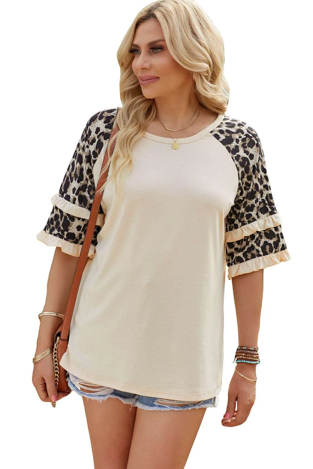 Beige Cheetah Print Tiered Half Sleeve Jewel Neckline T-Shirt – Fiercely Fashionable