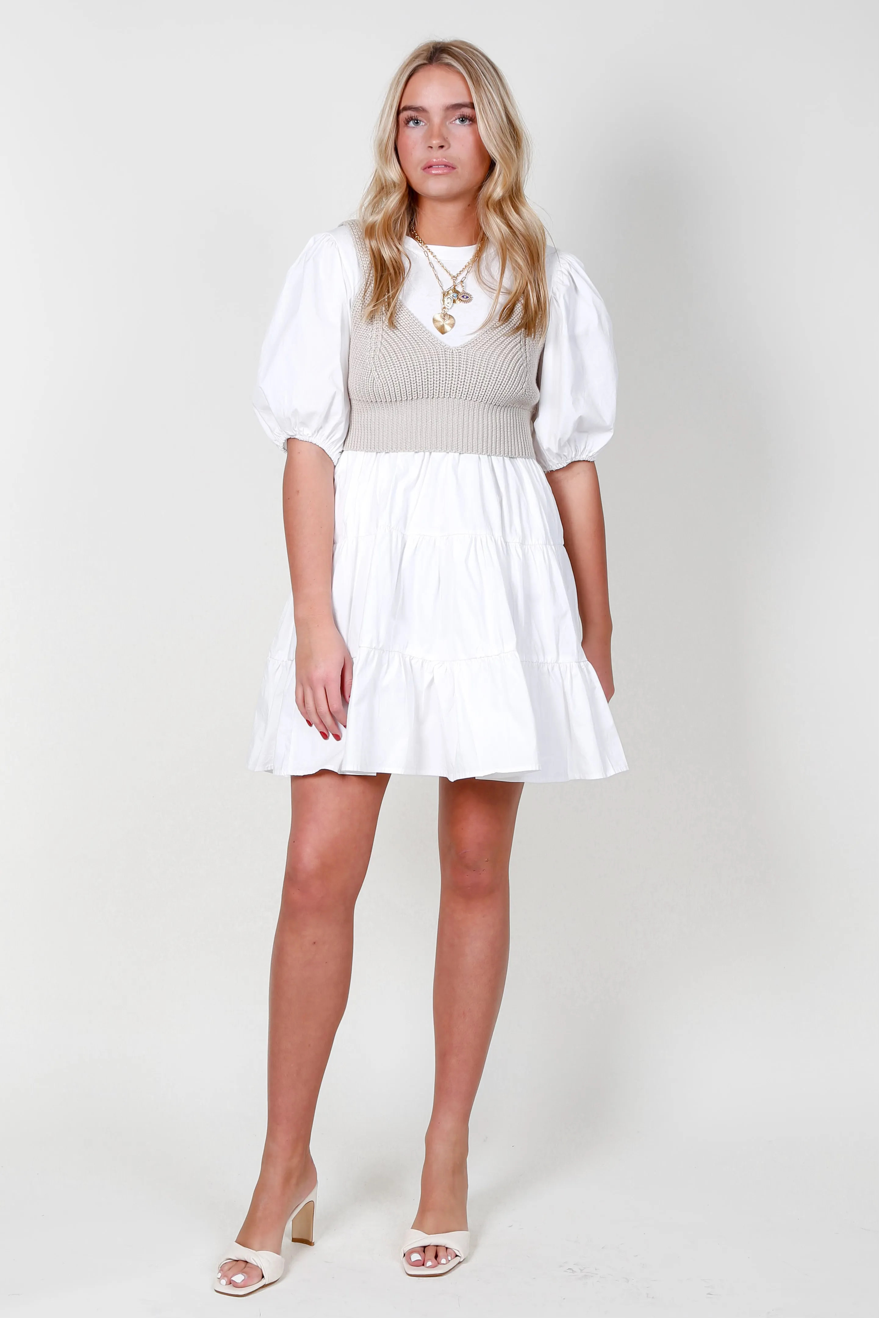 Bella Combo Knit Mini Dress - White   Taupe