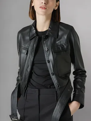 Belted Crop Leather Aviator Jacket