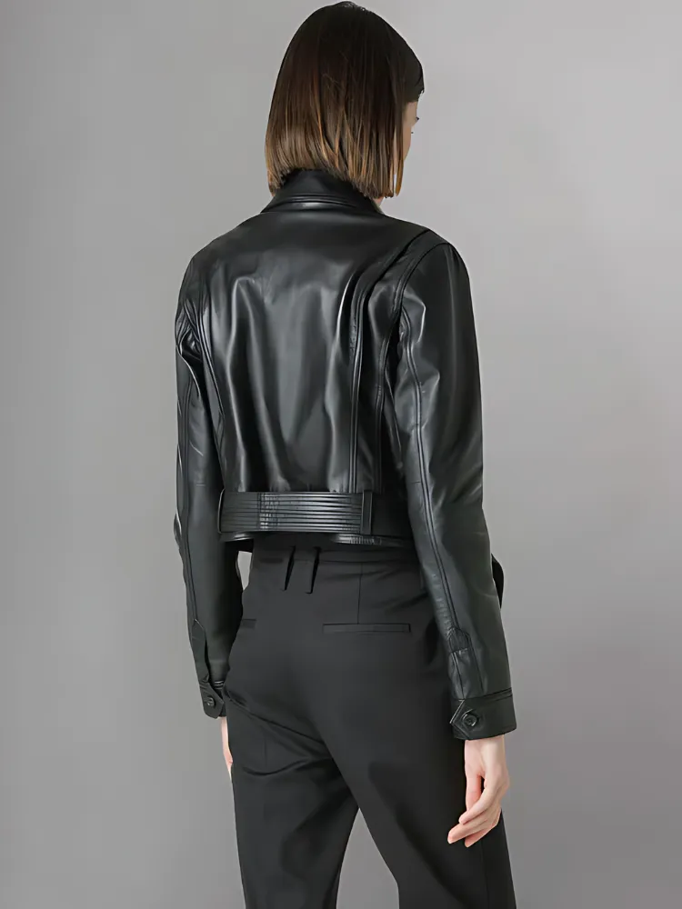 Belted Crop Leather Aviator Jacket