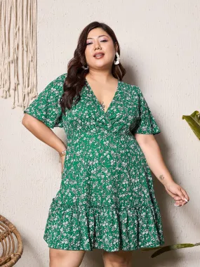 Berrylush Curve Women Green Floral Print V-Neck Fit and Flare Mini Dress