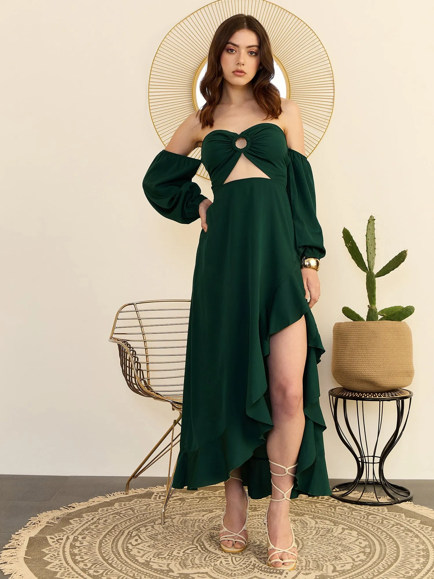 Berrylush Women Green Solid Off-Shoulder Cut Outs A-Line Midi Dress