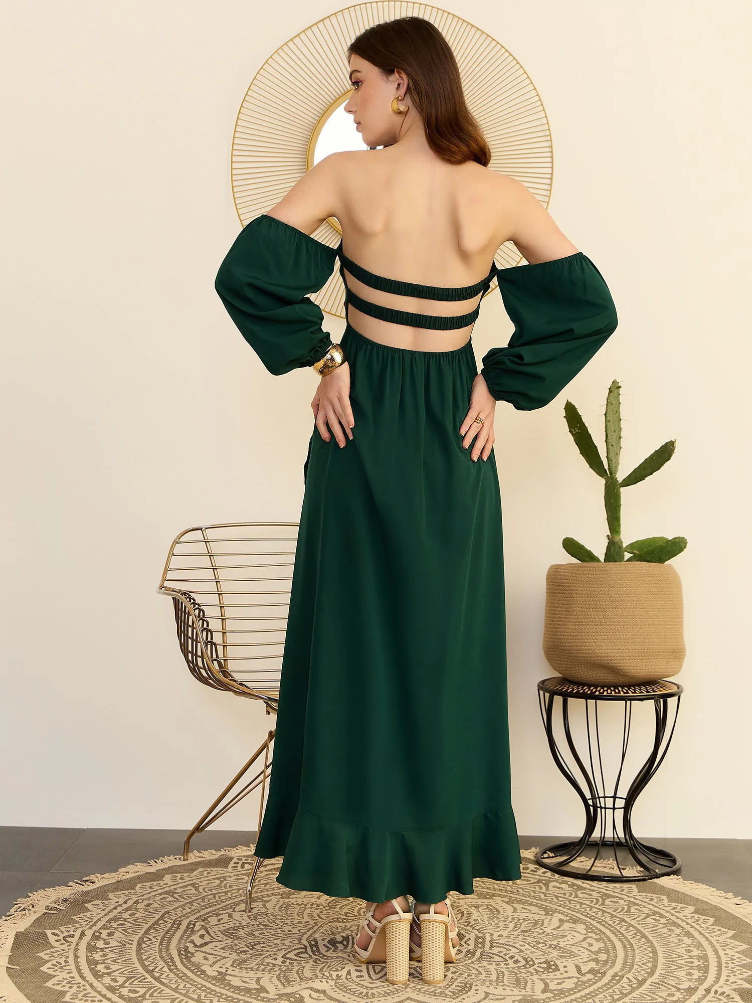 Berrylush Women Green Solid Off-Shoulder Cut Outs A-Line Midi Dress