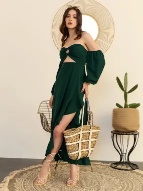 Berrylush Women Green Solid Off-Shoulder Cut Outs A-Line Midi Dress