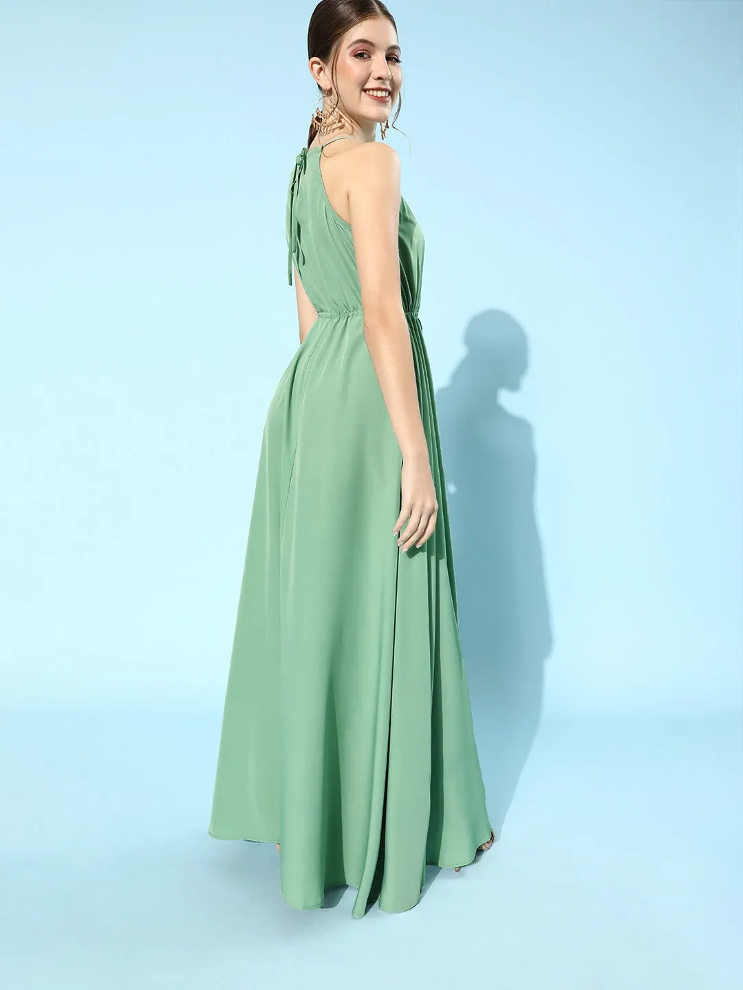 Berrylush Women Solid Green Halter Neck Crepe A-Line Maxi Dress