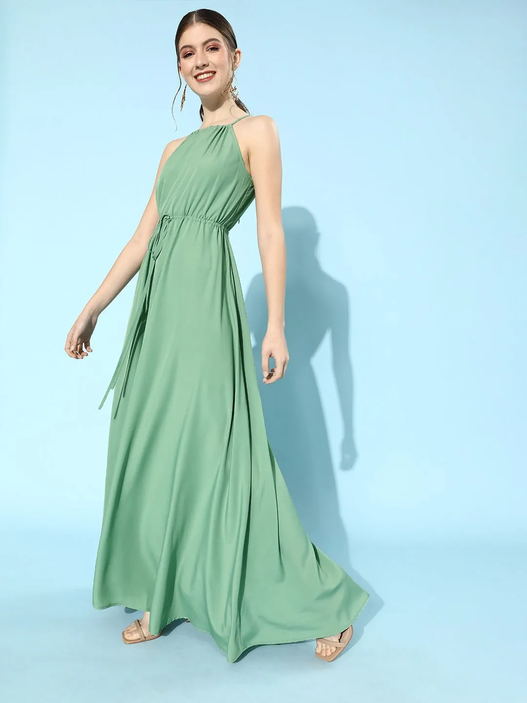 Berrylush Women Solid Green Halter Neck Crepe A-Line Maxi Dress