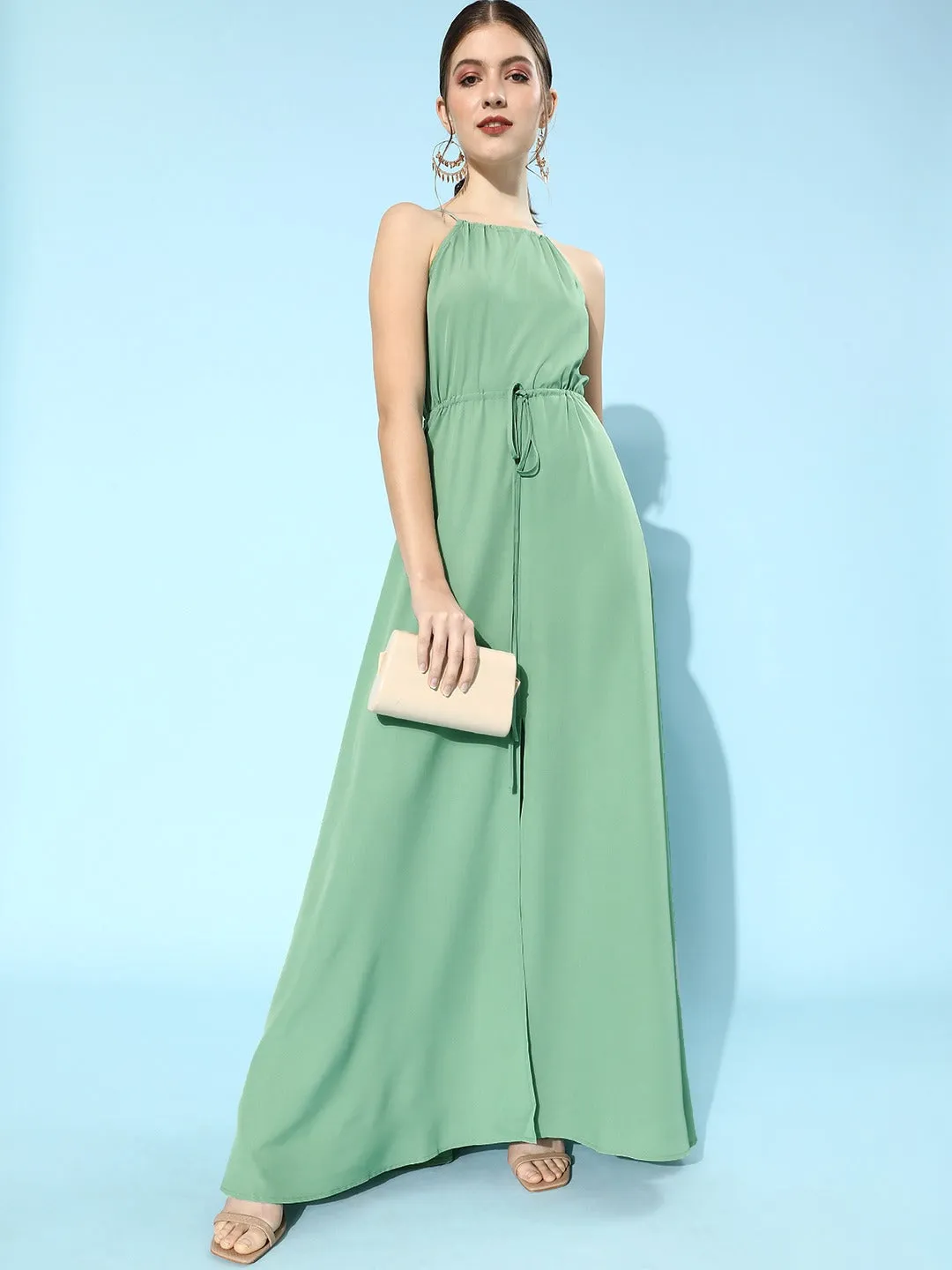 Berrylush Women Solid Green Halter Neck Crepe A-Line Maxi Dress