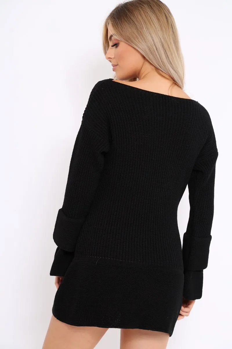 Black Bell Sleeve Extreme Hem Chunky Knit Jumper Dress - Paige