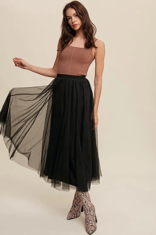 Black Elastic Waist Maxi Tulle Skirt