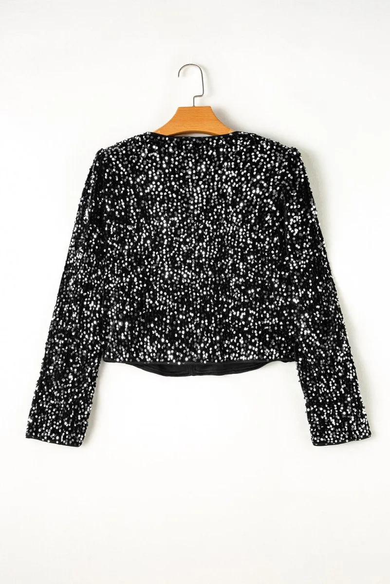 Black Elegant Sequins Cropped Jacket