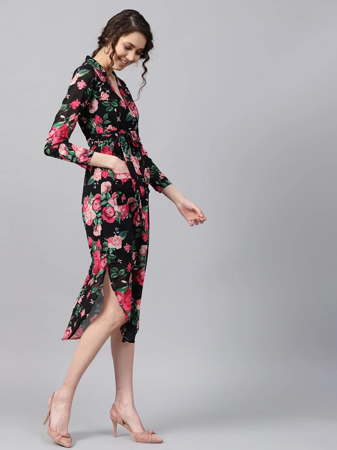 Black Floral Belted Maxi Dress